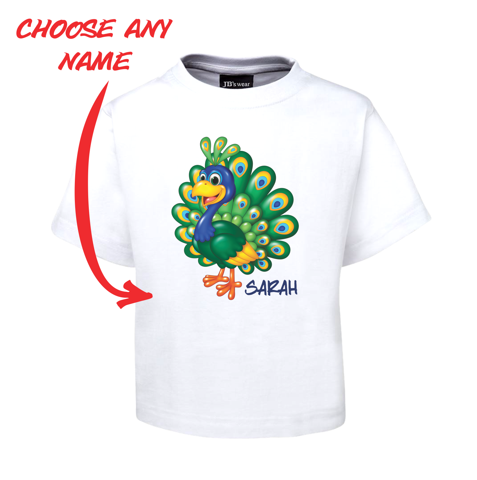 PRETTY PEACOCK KIDS T-SHIRT PERSONALISED WITH NAME TEE FDG01-1KT-22010 - fair-dinkum-gifts