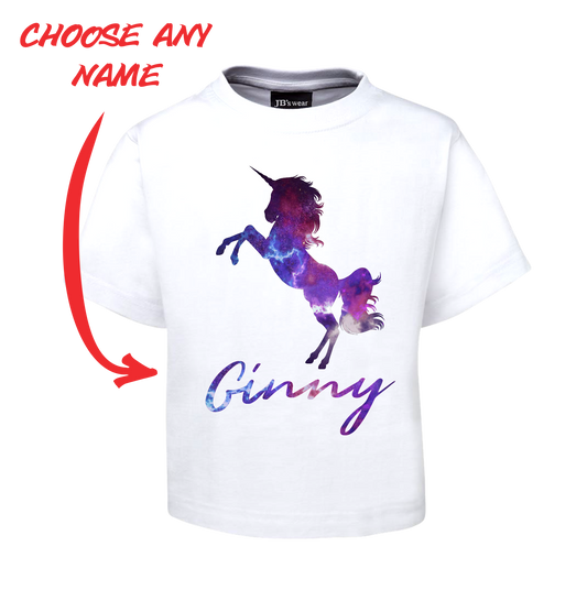 Kids Personalised Unicorn Name T-Shirt Children's Space Unicorn FDG01-1KT-22001 - fair-dinkum-gifts