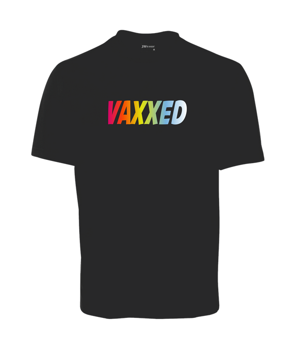 VAXXED BLACK T-SHIRT WITH COLOURED LETTERS Vaccinated FDG01-1HT-23036